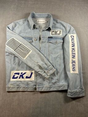 Calvin Klein Jeans XL Light Blue Denim Jacket with Graphic Logo Patches